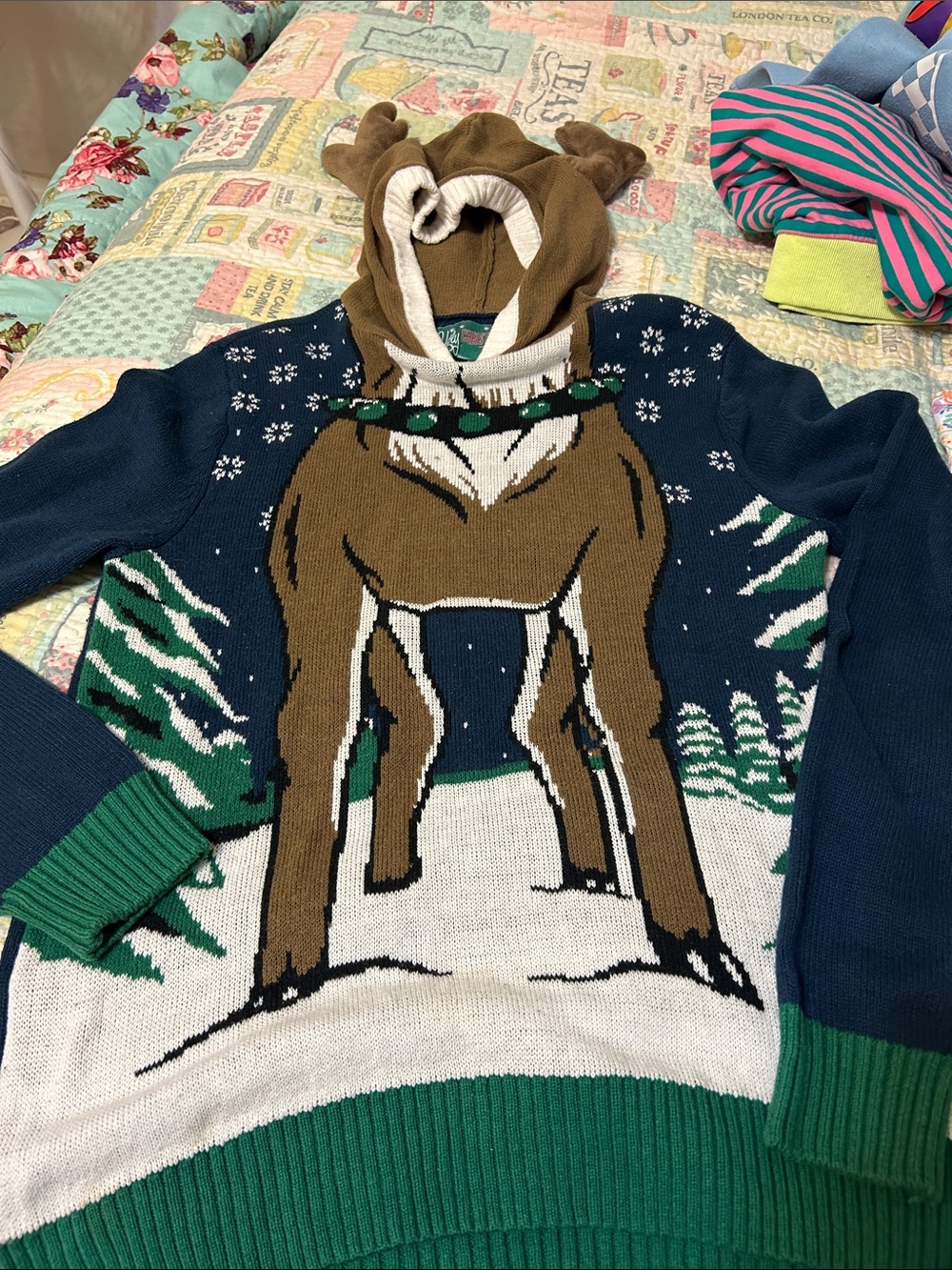Ugly Christmas Sweater Men's Navy, Brown & Green Reindeer Hoodie w/antler ears